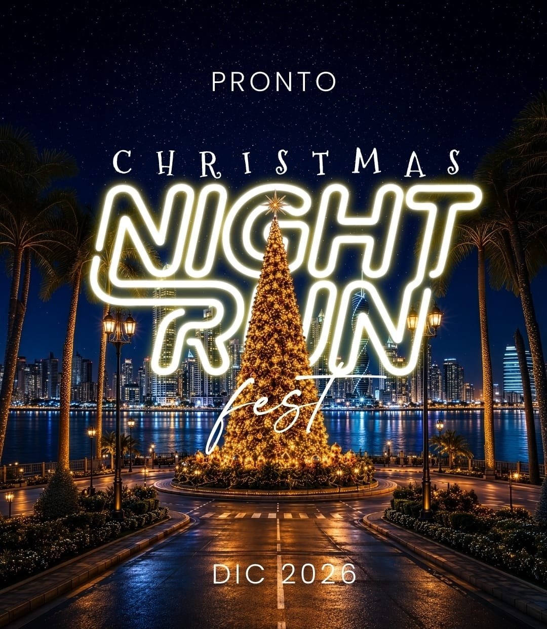 Árbol de Navidad iluminado en Amador con el skyline de Panamá de fondo